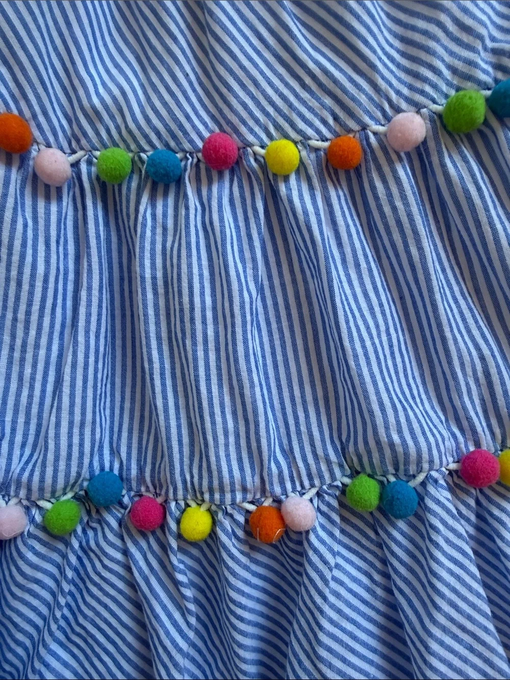 Tommy Bahama Blue & White Striped Pom-Pom Tiered Sundress